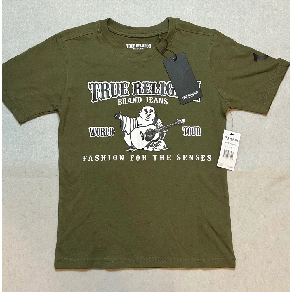 True Religion Boys Olive Green Buddha World Tour Graphic T-Shirt Size S 8 NWT